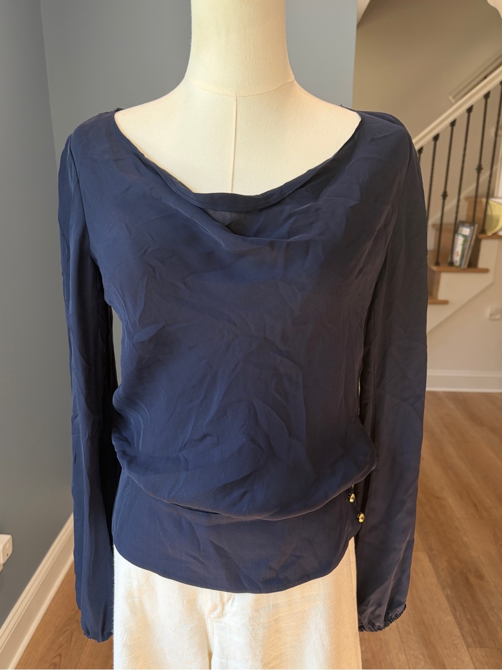 Bloomingdale’s Navy Silk Blouson Cowl Neck Top Gold Button Detail Petite 4P